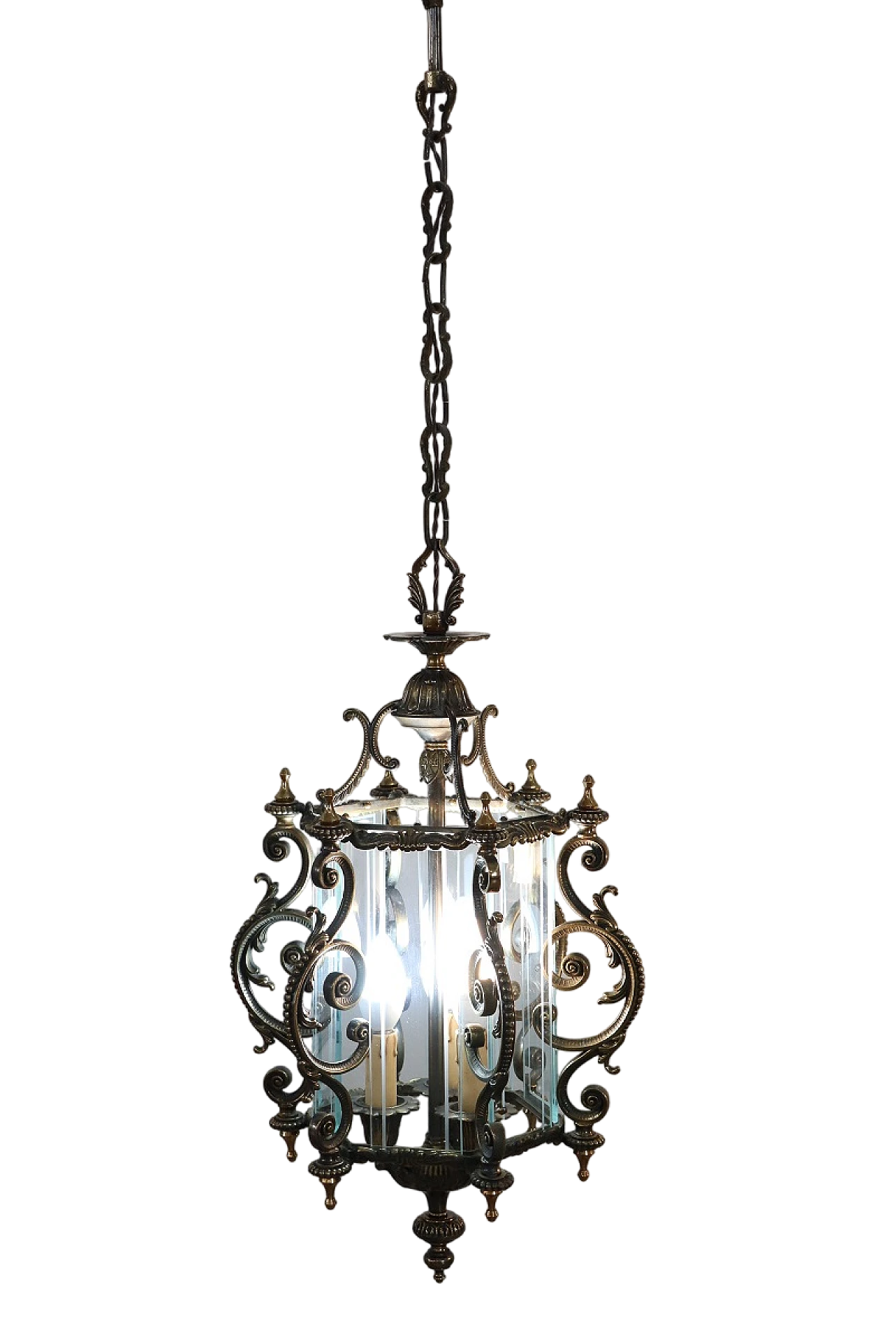 Lampada da soffitto in vetro e bronzo con decorazioni, anni '80 11