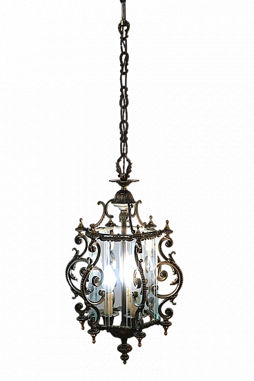 Glass and bronze ceiling lamp with decorations, 1980s