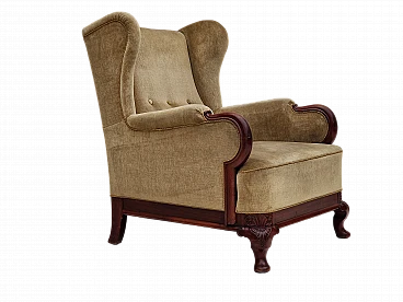 Poltrona danese poltrona in teak e velluto, anni '50