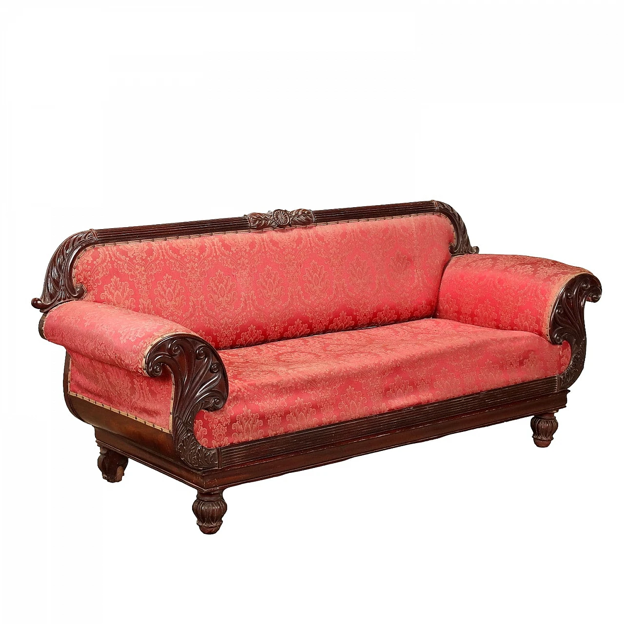 Carved mahogany sofa with pink brocade fabric, 19th century 1