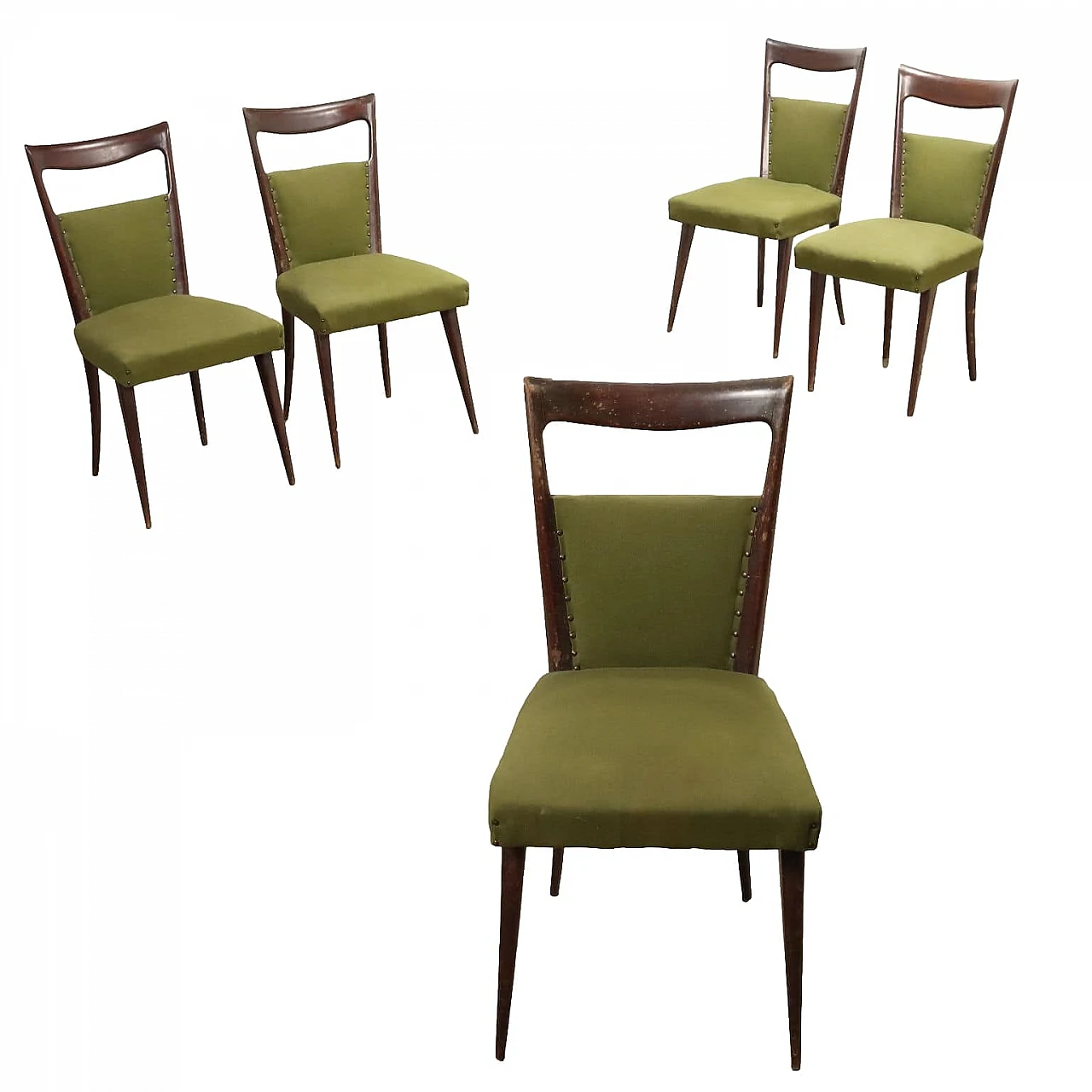 5 Stained beech wood chairs with green fabric, 1950s 1