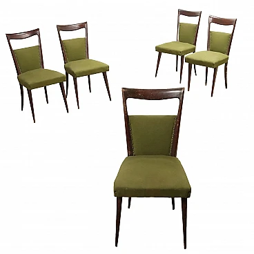 5 Stained beech wood chairs with green fabric, 1950s