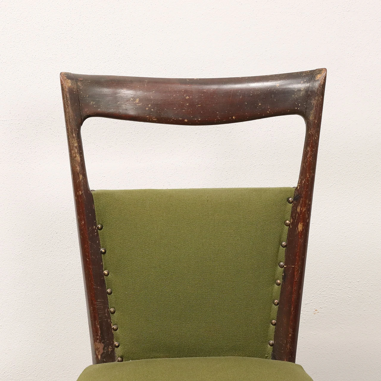 5 Stained beech wood chairs with green fabric, 1950s 3