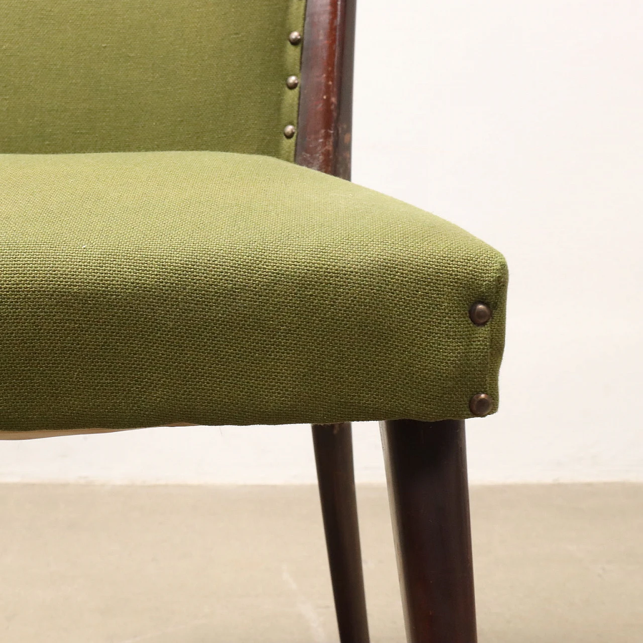 5 Stained beech wood chairs with green fabric, 1950s 5