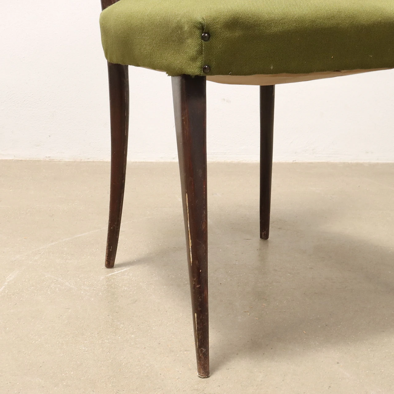 5 Stained beech wood chairs with green fabric, 1950s 6