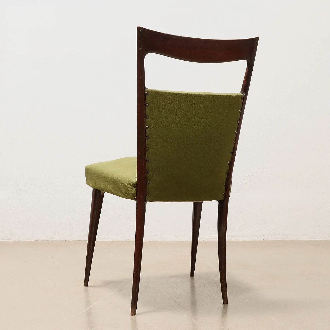 5 Stained beech wood chairs with green fabric, 1950s 8