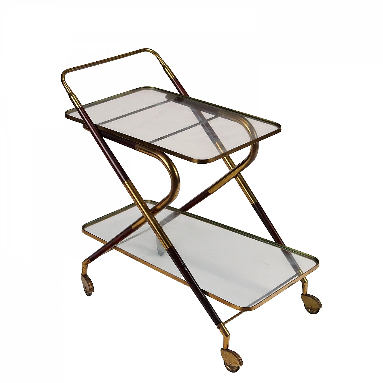 Bar cart in stained wood, glass and brass, 1950s 1