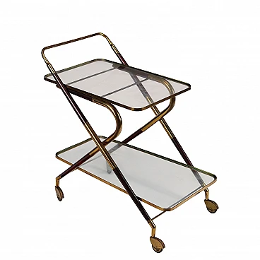 Bar cart in stained wood, glass and brass, 1950s
