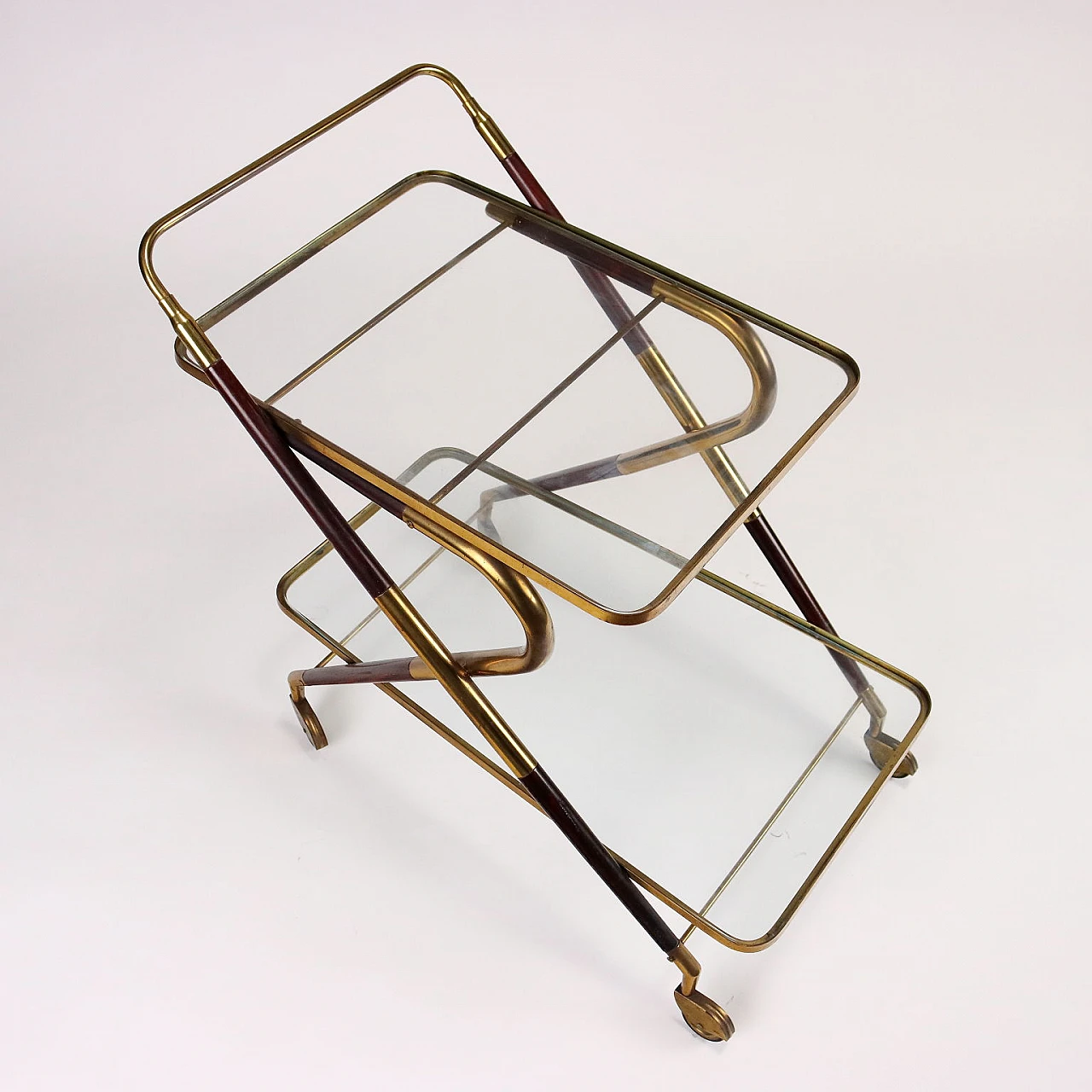 Bar cart in stained wood, glass and brass, 1950s 6
