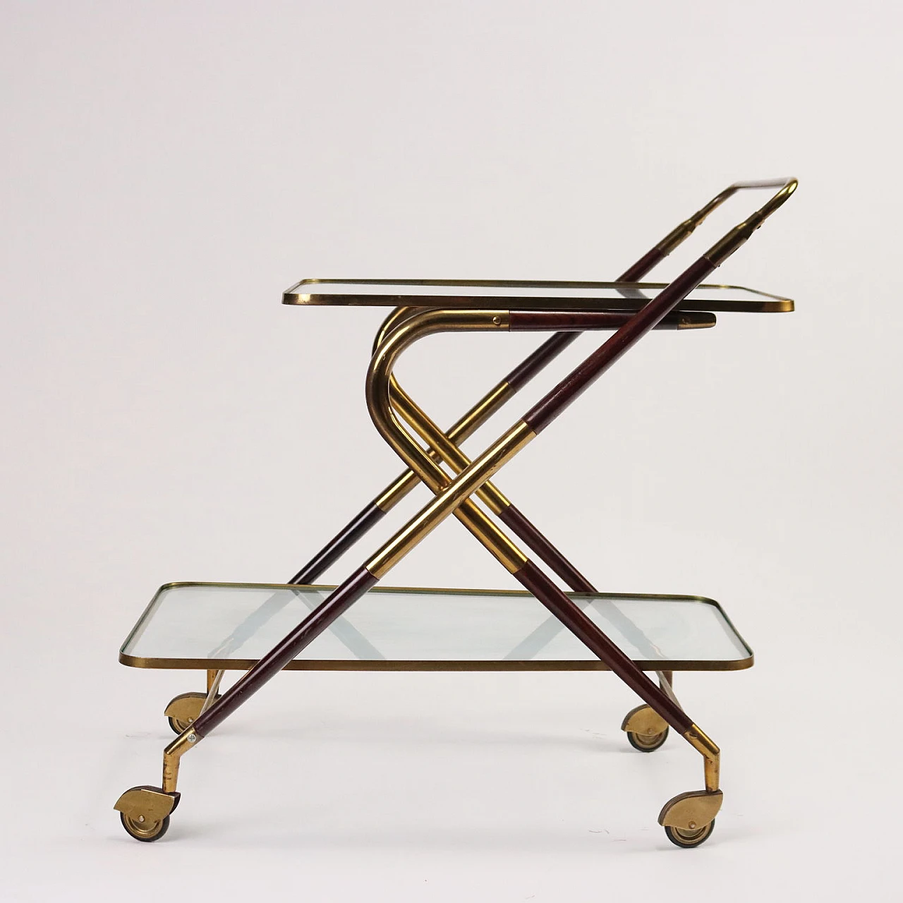 Bar cart in stained wood, glass and brass, 1950s 8
