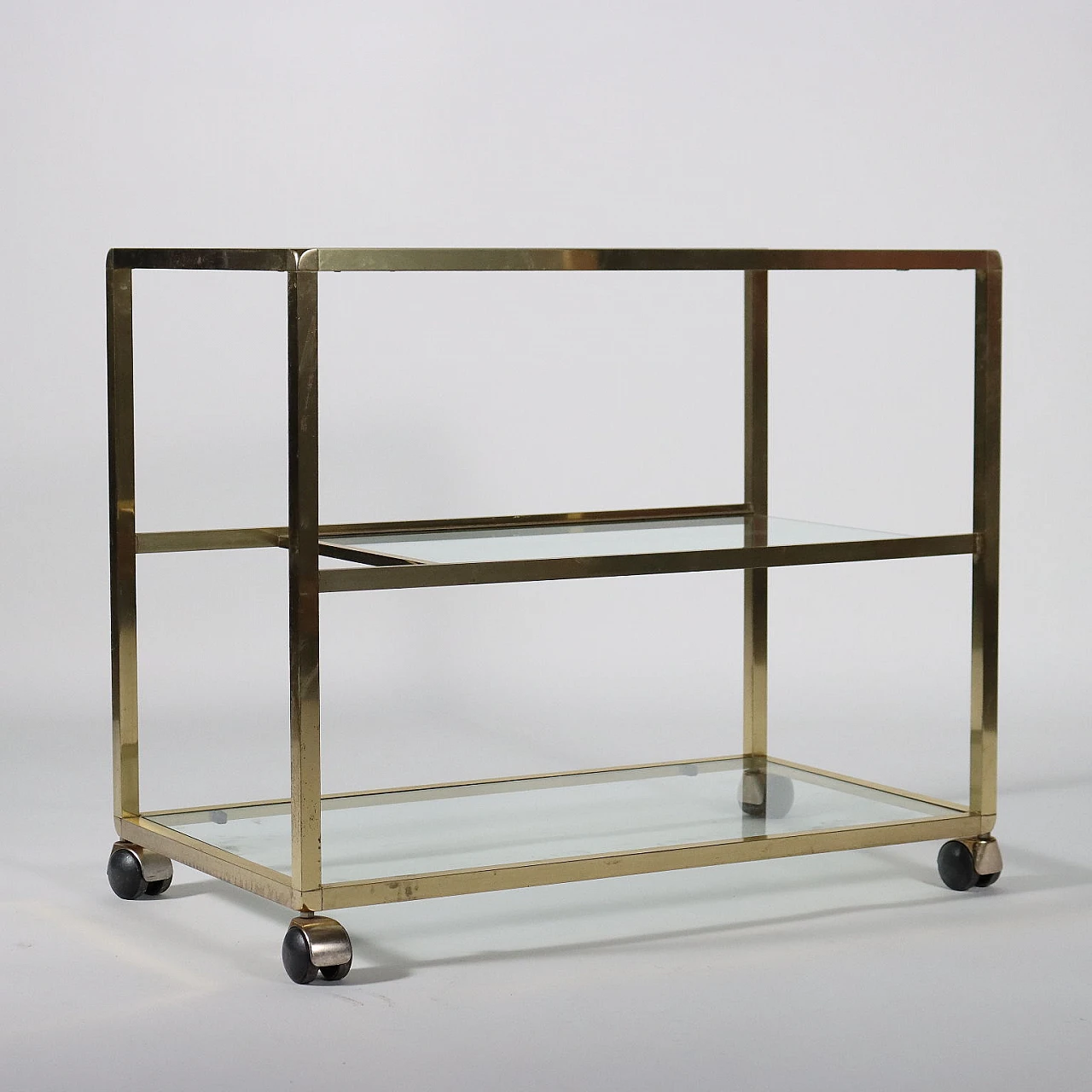 Three-shelf brass and glass bar cart, 1980s 7