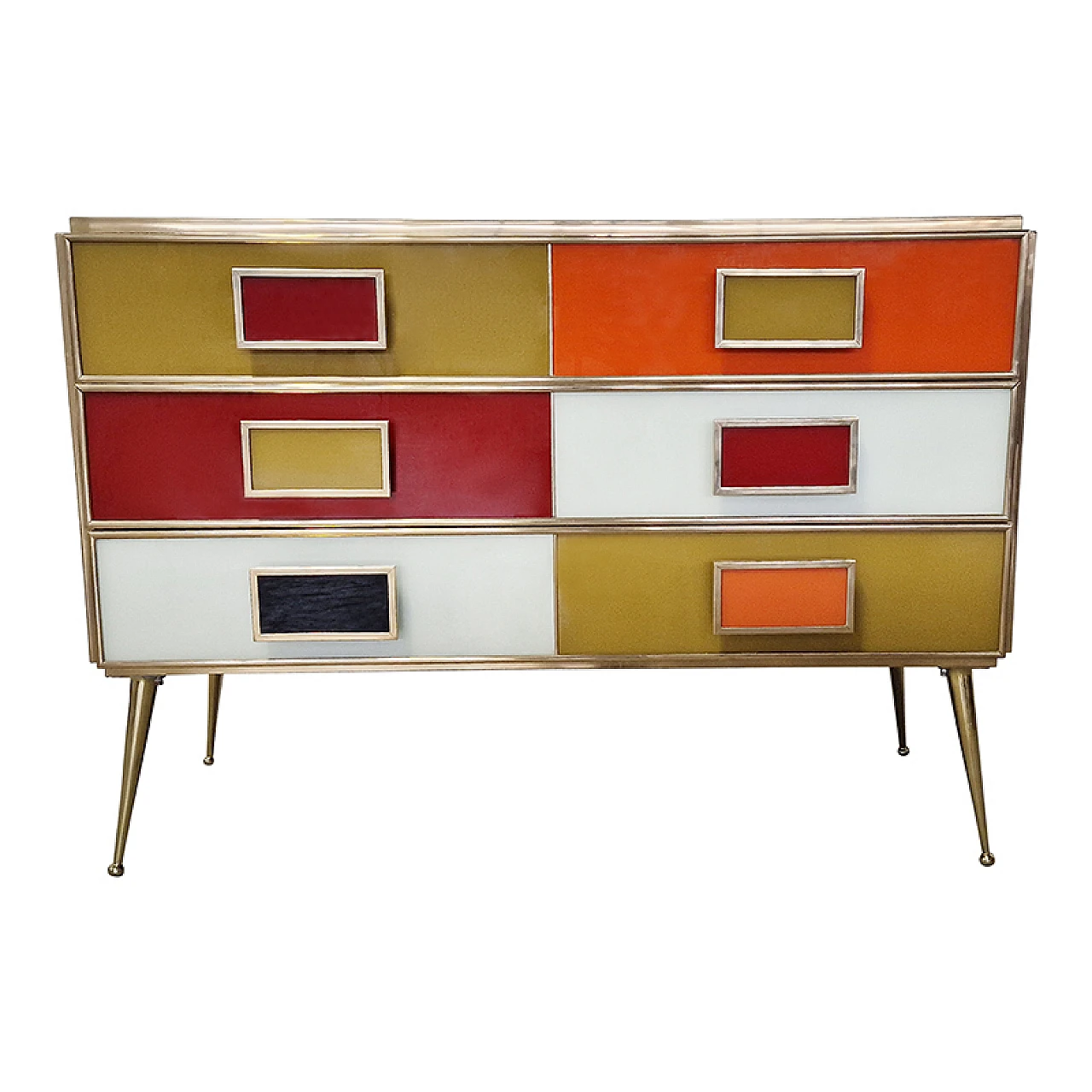 Multicolor glass and brass dresser, 1980s 1