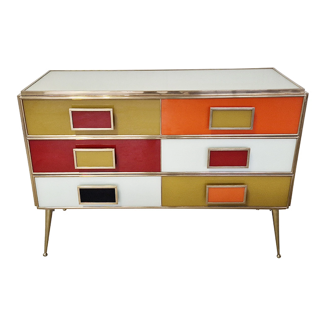 Multicolor glass and brass dresser, 1980s 3