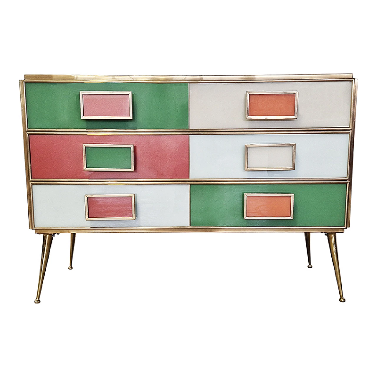 Dresser with six multicolored glass drawers and brass profiles, 1980s 1