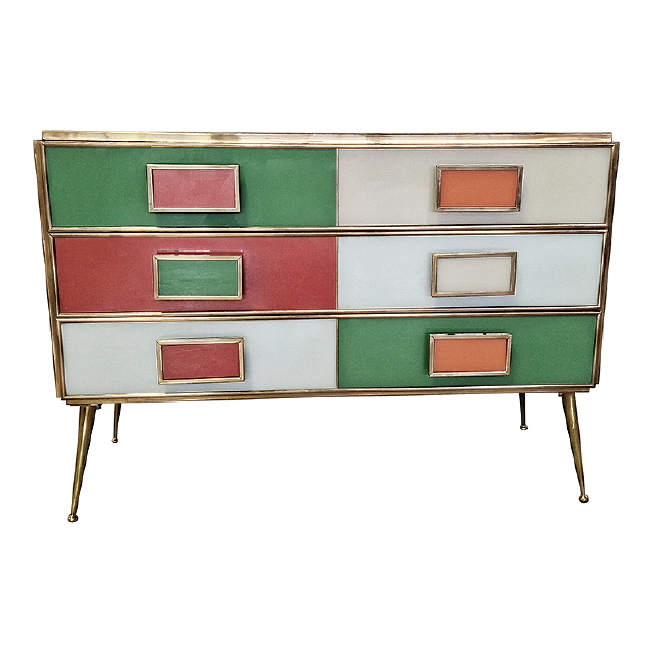Dresser with six multicolored glass drawers and brass profiles, 1980s 2