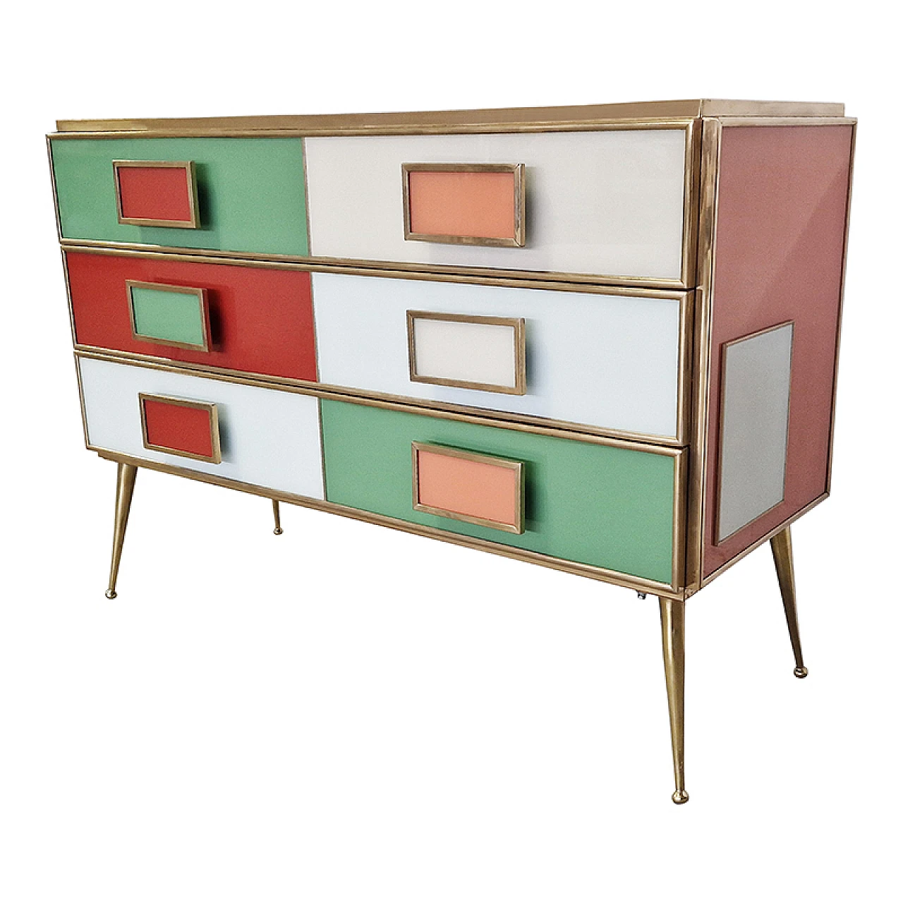 Dresser with six multicolored glass drawers and brass profiles, 1980s 3