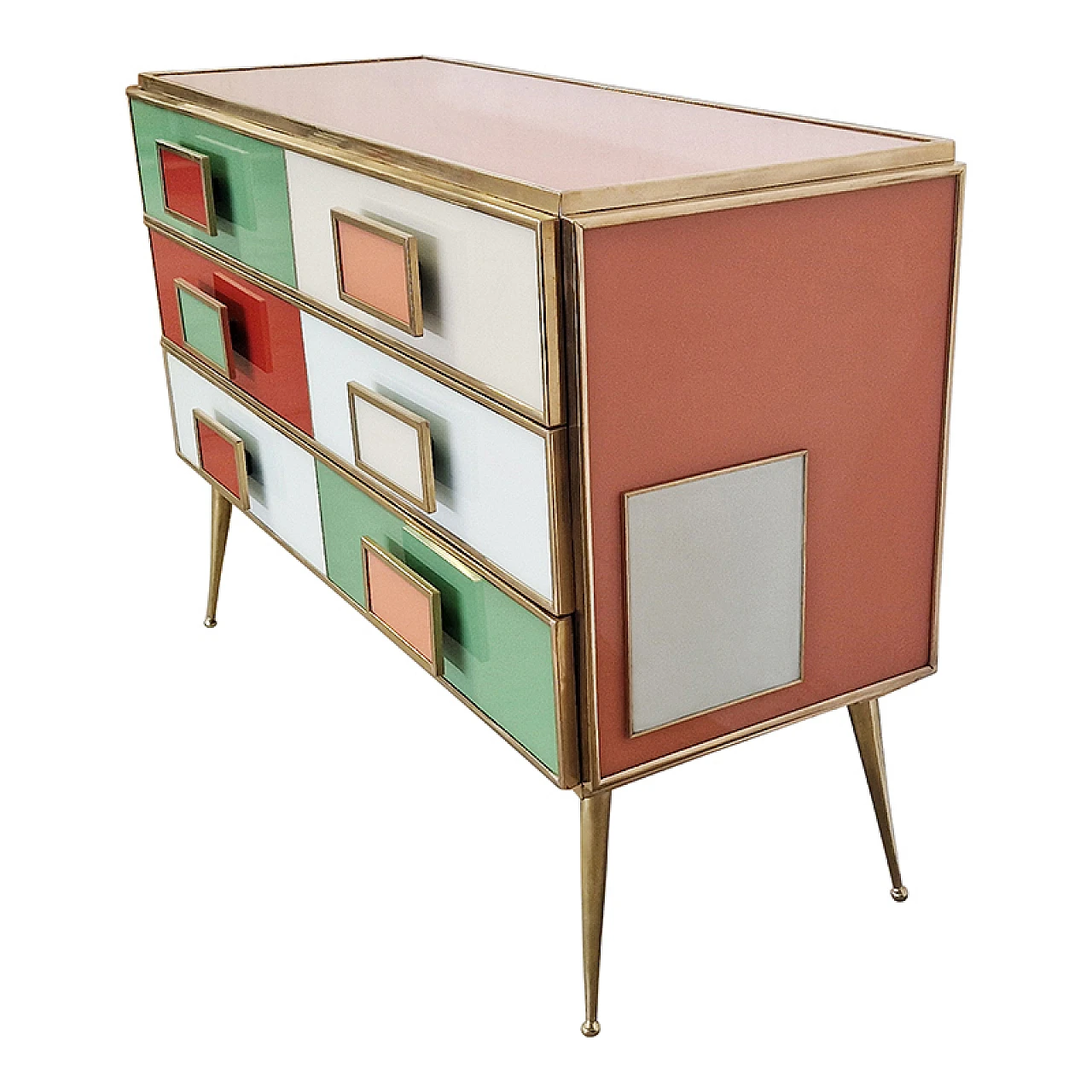 Dresser with six multicolored glass drawers and brass profiles, 1980s 4