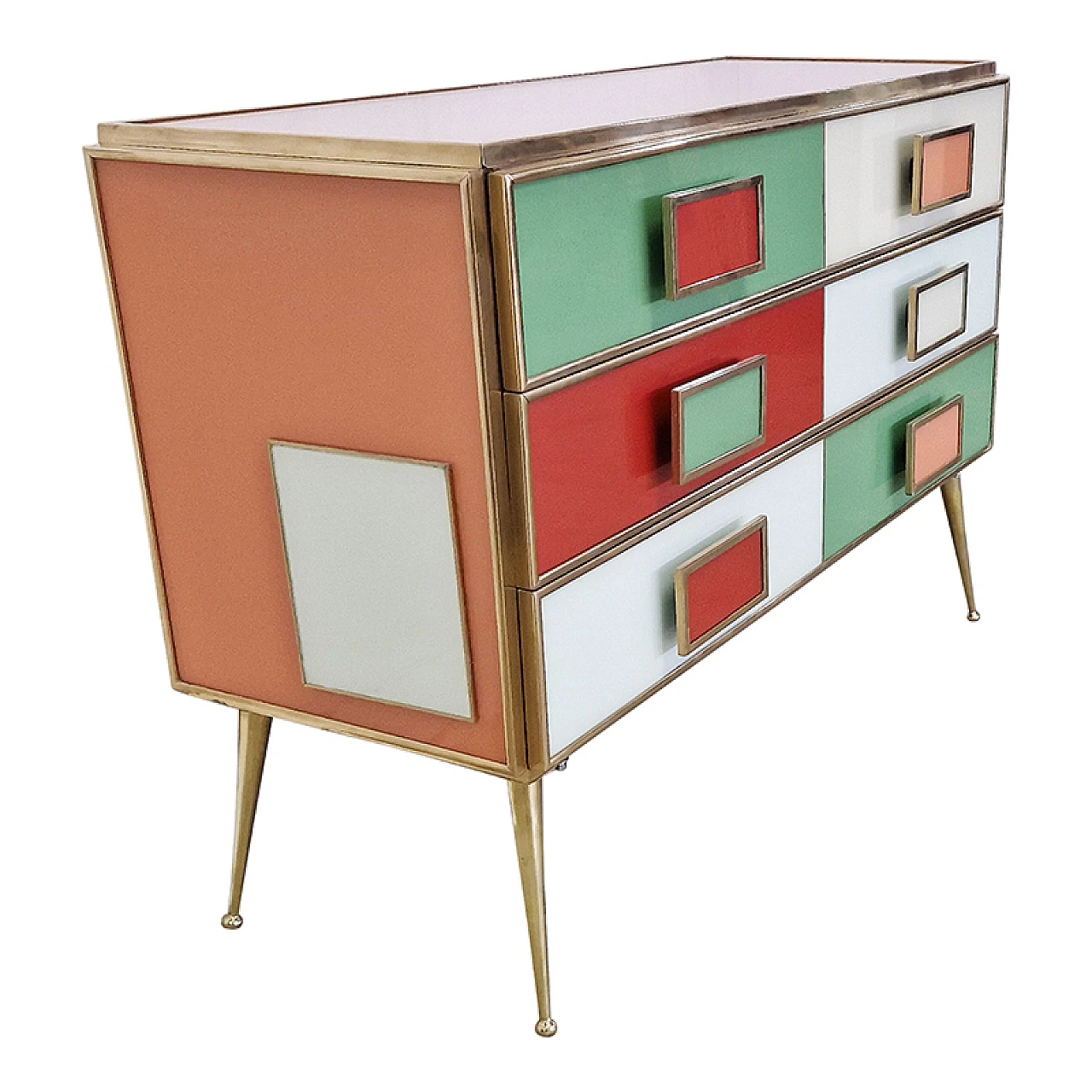 Dresser with six multicolored glass drawers and brass profiles, 1980s 5