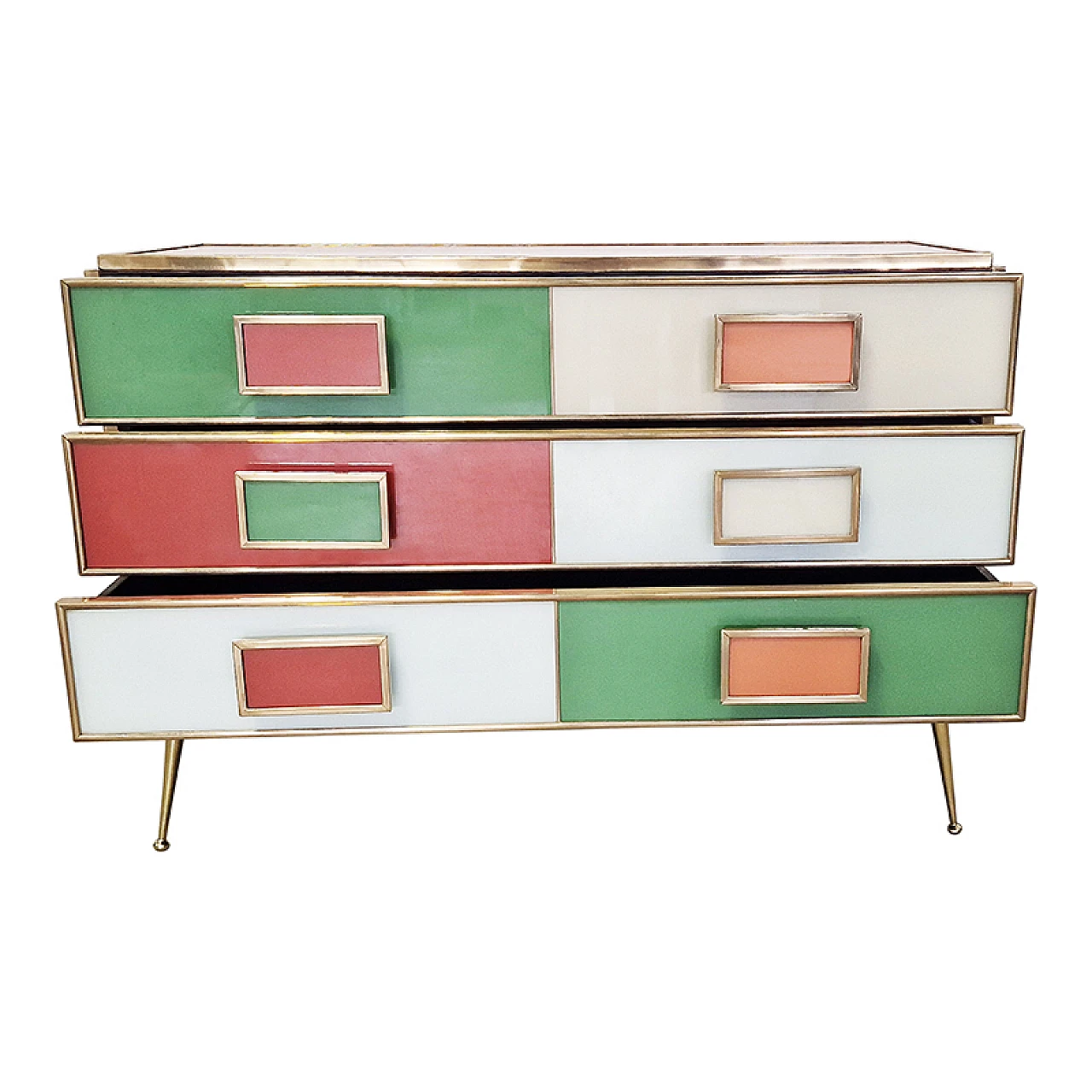Dresser with six multicolored glass drawers and brass profiles, 1980s 6