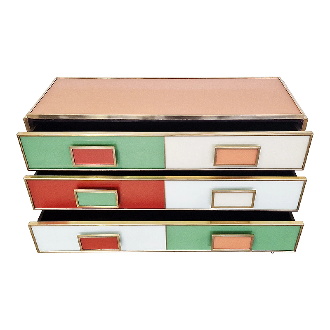 Dresser with six multicolored glass drawers and brass profiles, 1980s 7