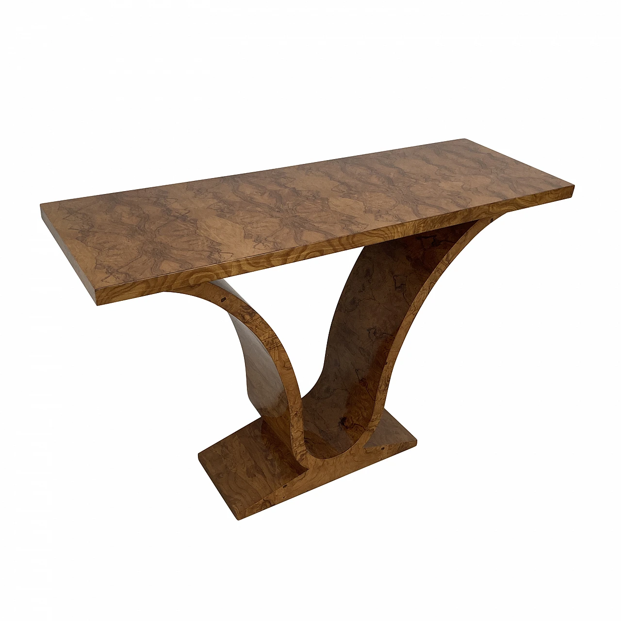 Double-sided walnut root veneer console, 1980s 3