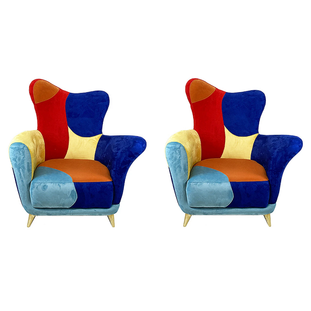 Pair of armchairs in patchwork fabric and brass feet, 1990s 1