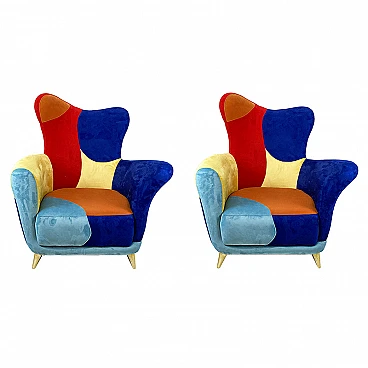 Pair of armchairs in patchwork fabric and brass feet, 1990s