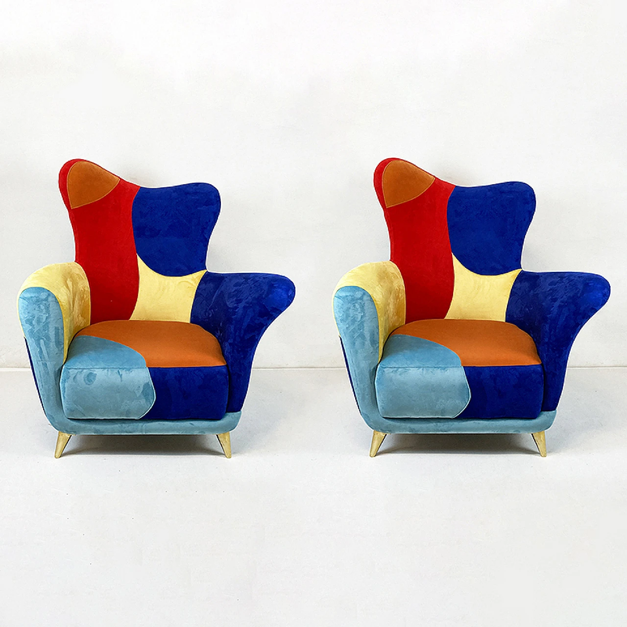 Pair of armchairs in patchwork fabric and brass feet, 1990s 3