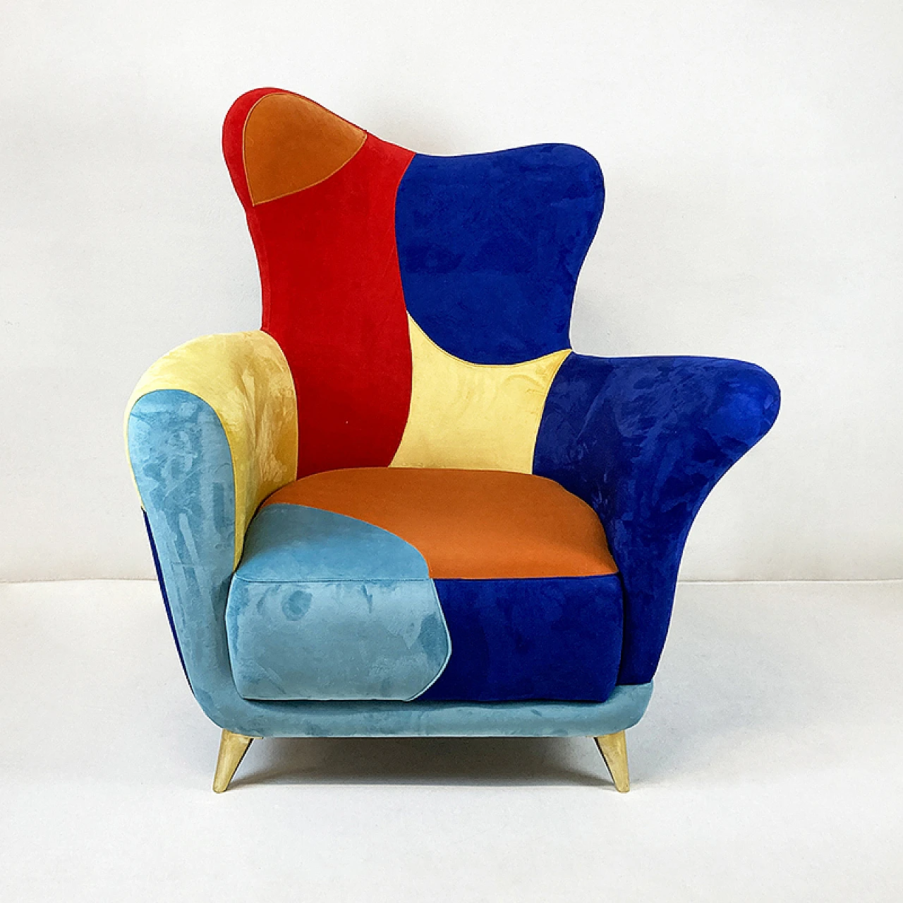 Pair of armchairs in patchwork fabric and brass feet, 1990s 4
