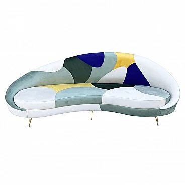 3-Seater curved sofa with patchwork fabric and cushions, 1980s