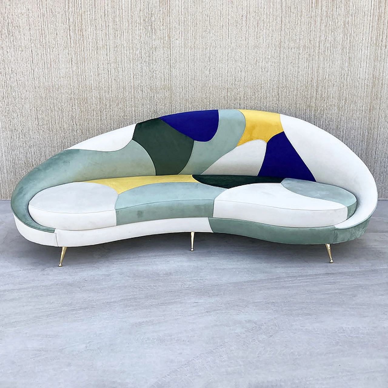 3-Seater curved sofa with patchwork fabric and cushions, 1980s 2