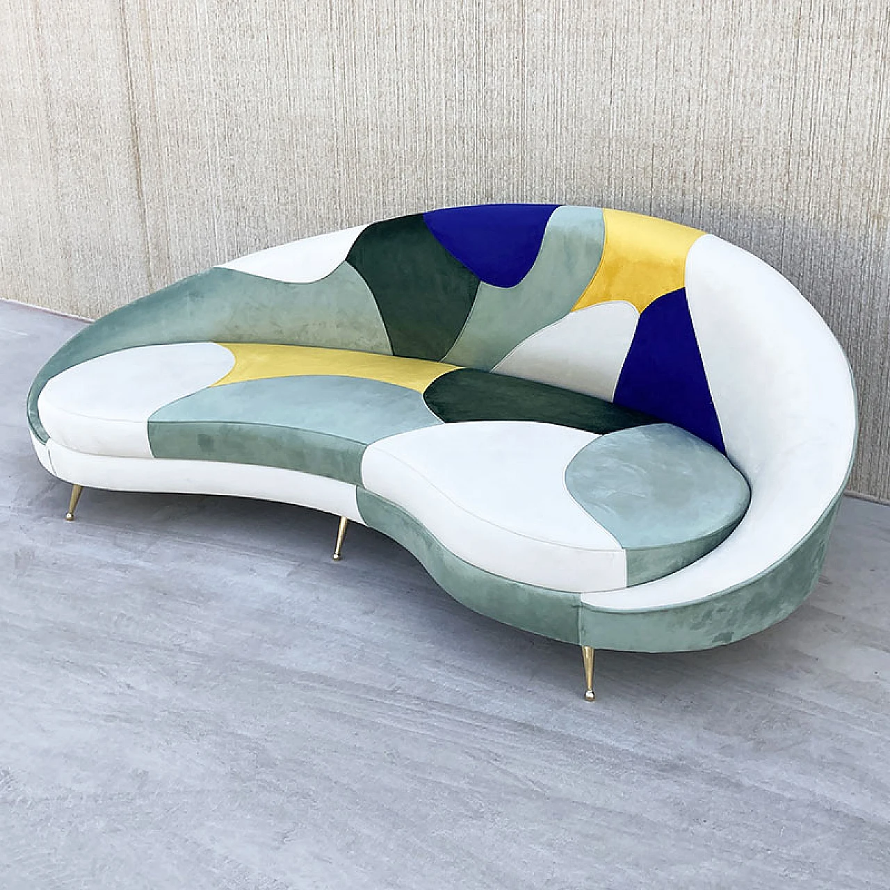3-Seater curved sofa with patchwork fabric and cushions, 1980s 4