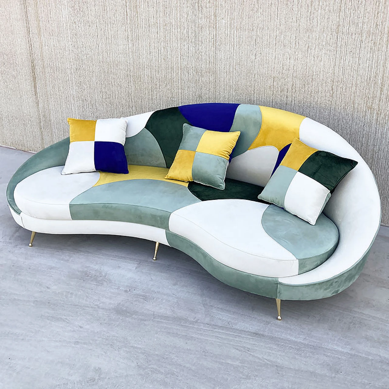 3-Seater curved sofa with patchwork fabric and cushions, 1980s 5