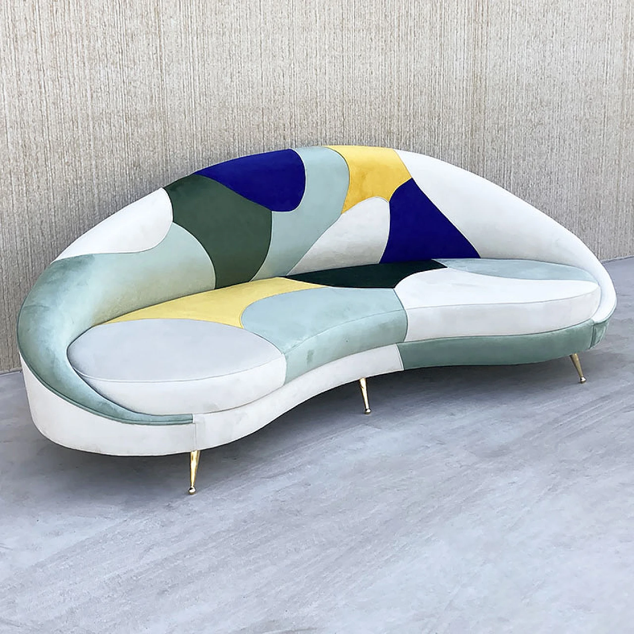 3-Seater curved sofa with patchwork fabric and cushions, 1980s 6