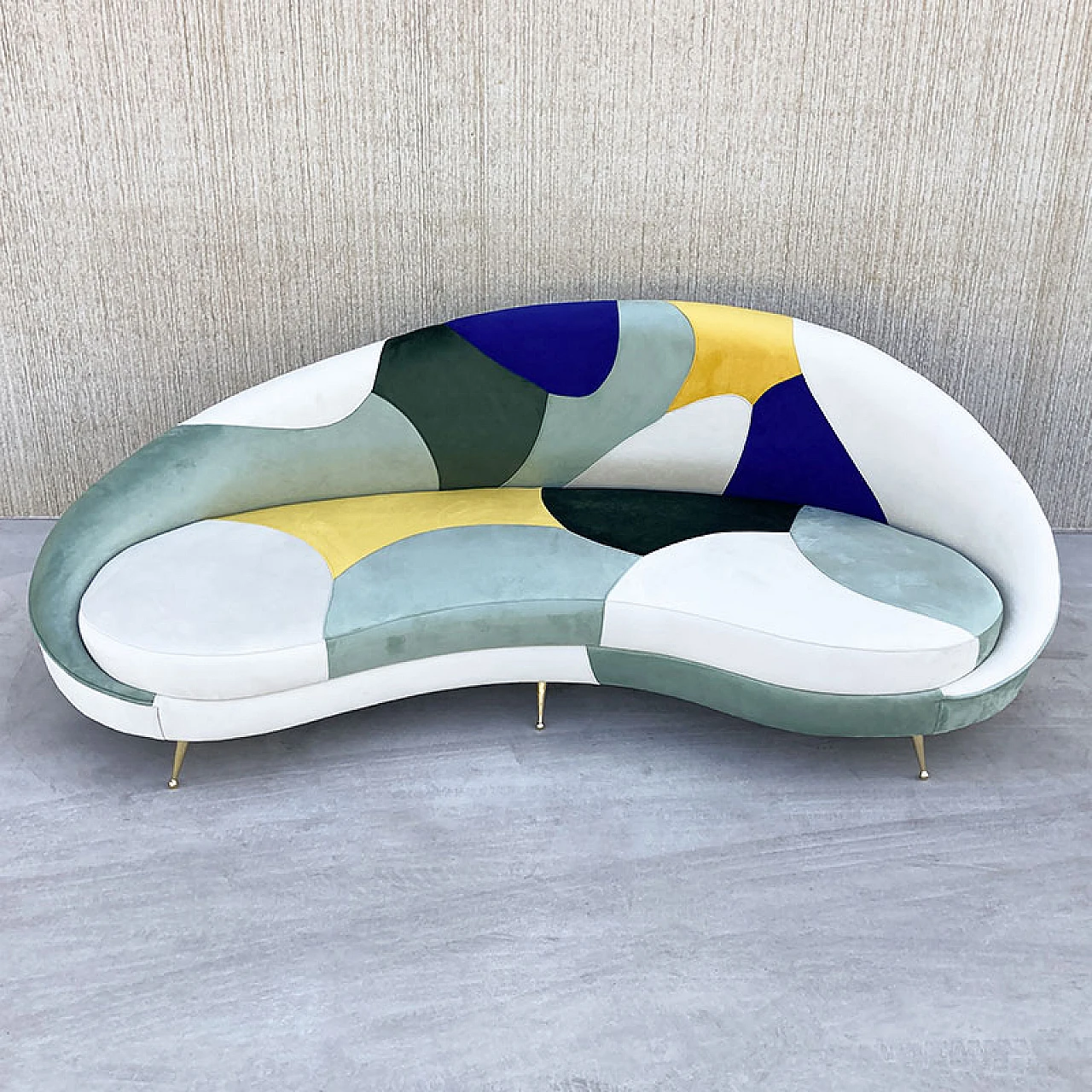 3-Seater curved sofa with patchwork fabric and cushions, 1980s 7