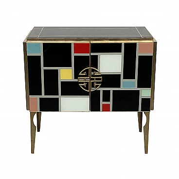 Sideboard in black Murano glass with multicolored inserts, 1980s