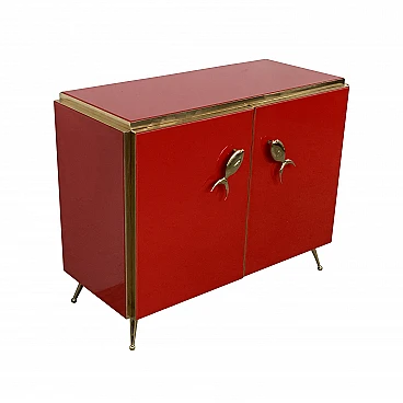 Sideboard in red Murano glass with brass details, 1980s