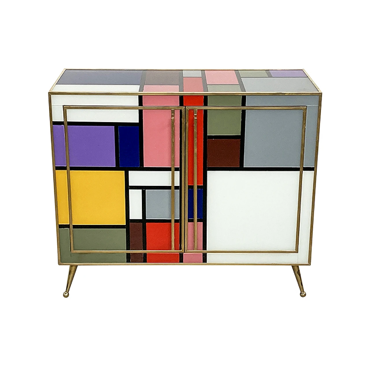 Multicolored Murano glass sideboard and brass details, 1980s 1