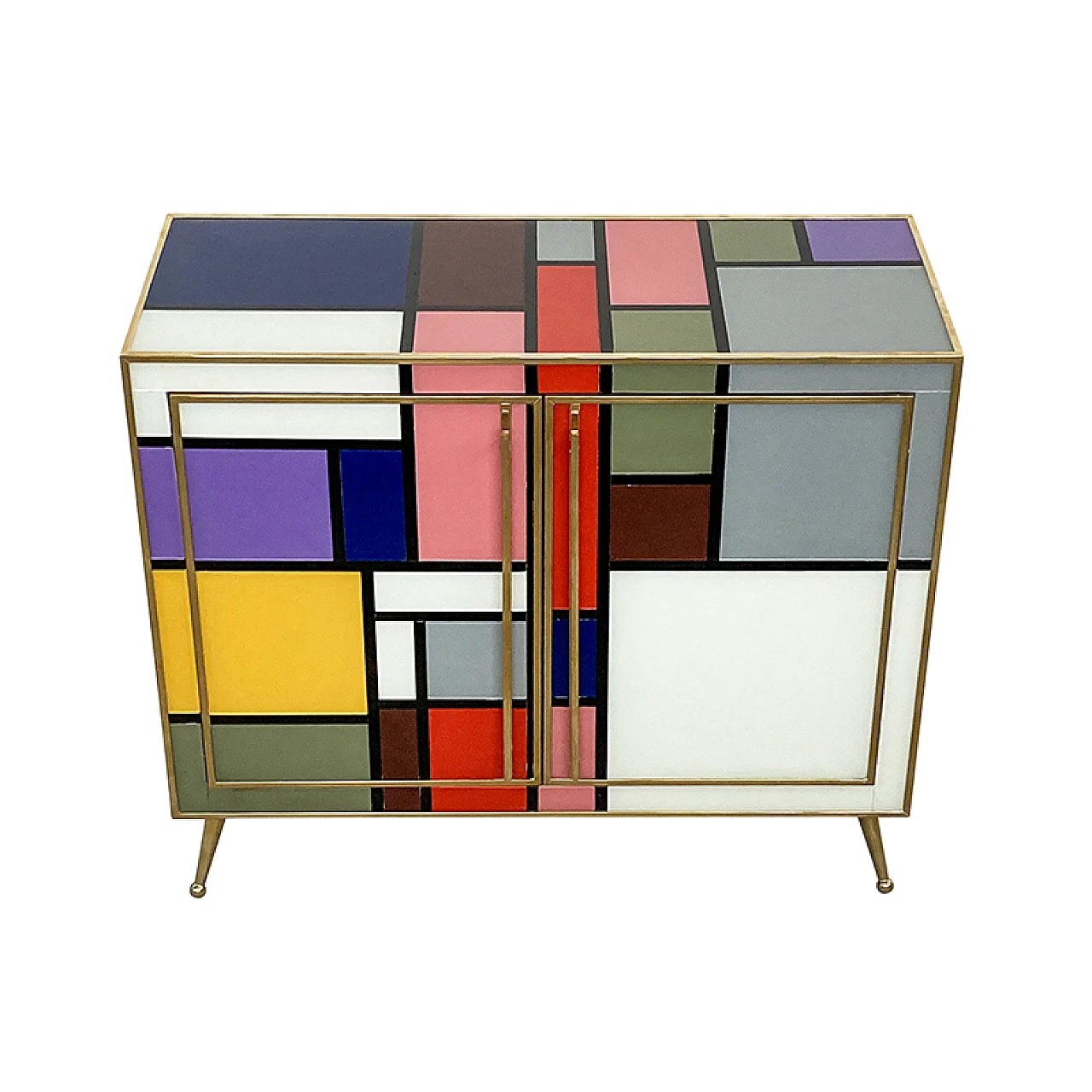 Multicolored Murano glass sideboard and brass details, 1980s 2