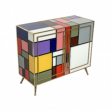 Multicolored Murano glass sideboard and brass details, 1980s
