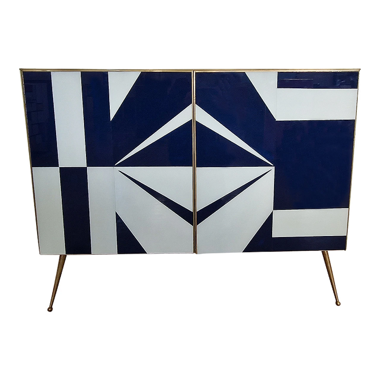 Wooden sideboard with blue and white glass doors, 1990s 2