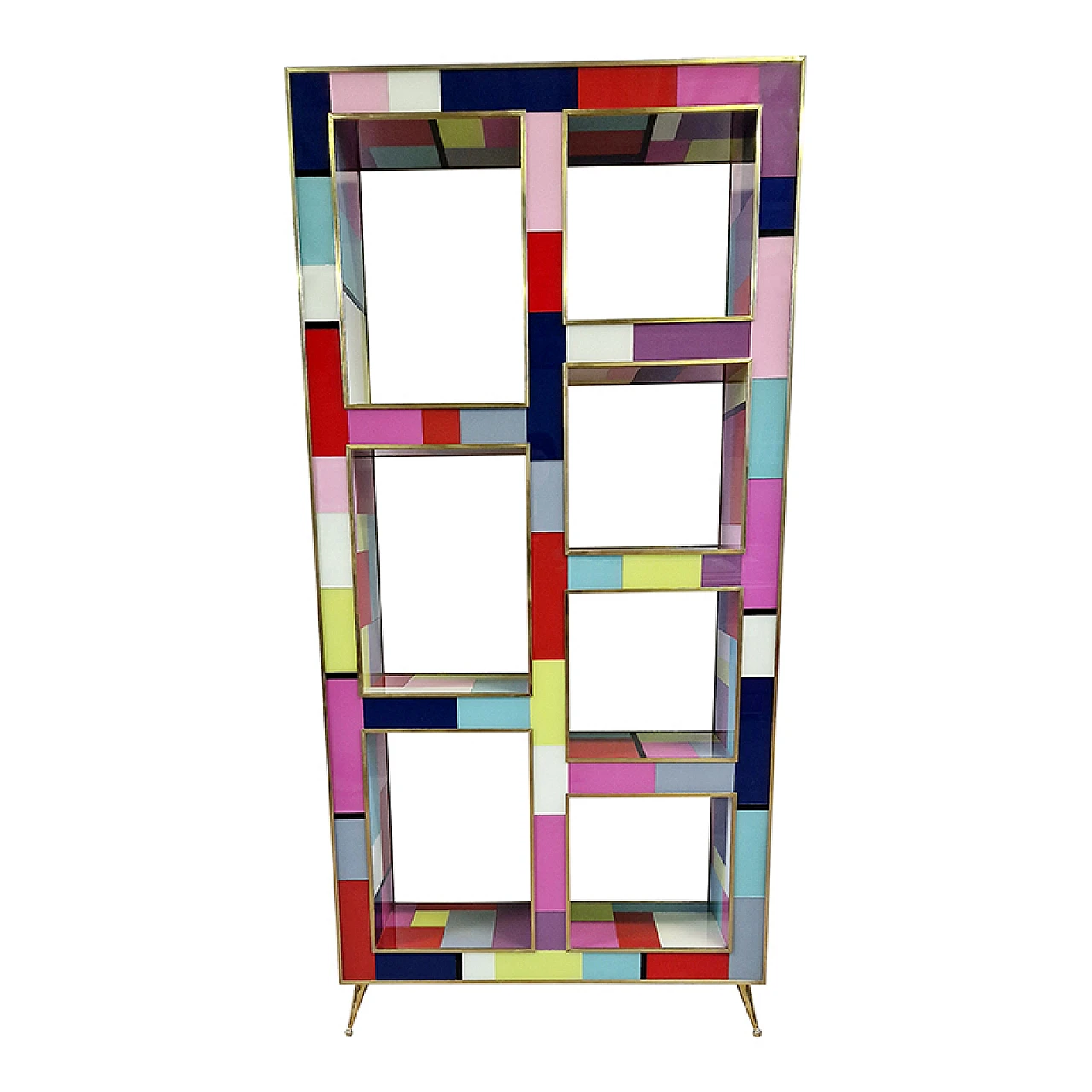 Multicolored Murano glass bookcase with brass details, 1980s 1