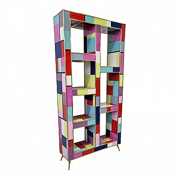 Multicolored Murano glass bookcase with brass details, 1980s