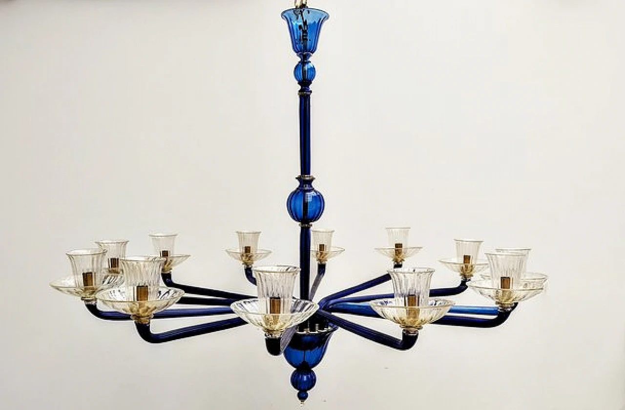Lampadario a 12 luci in vetro di Murano blu di Venini, 1985 1