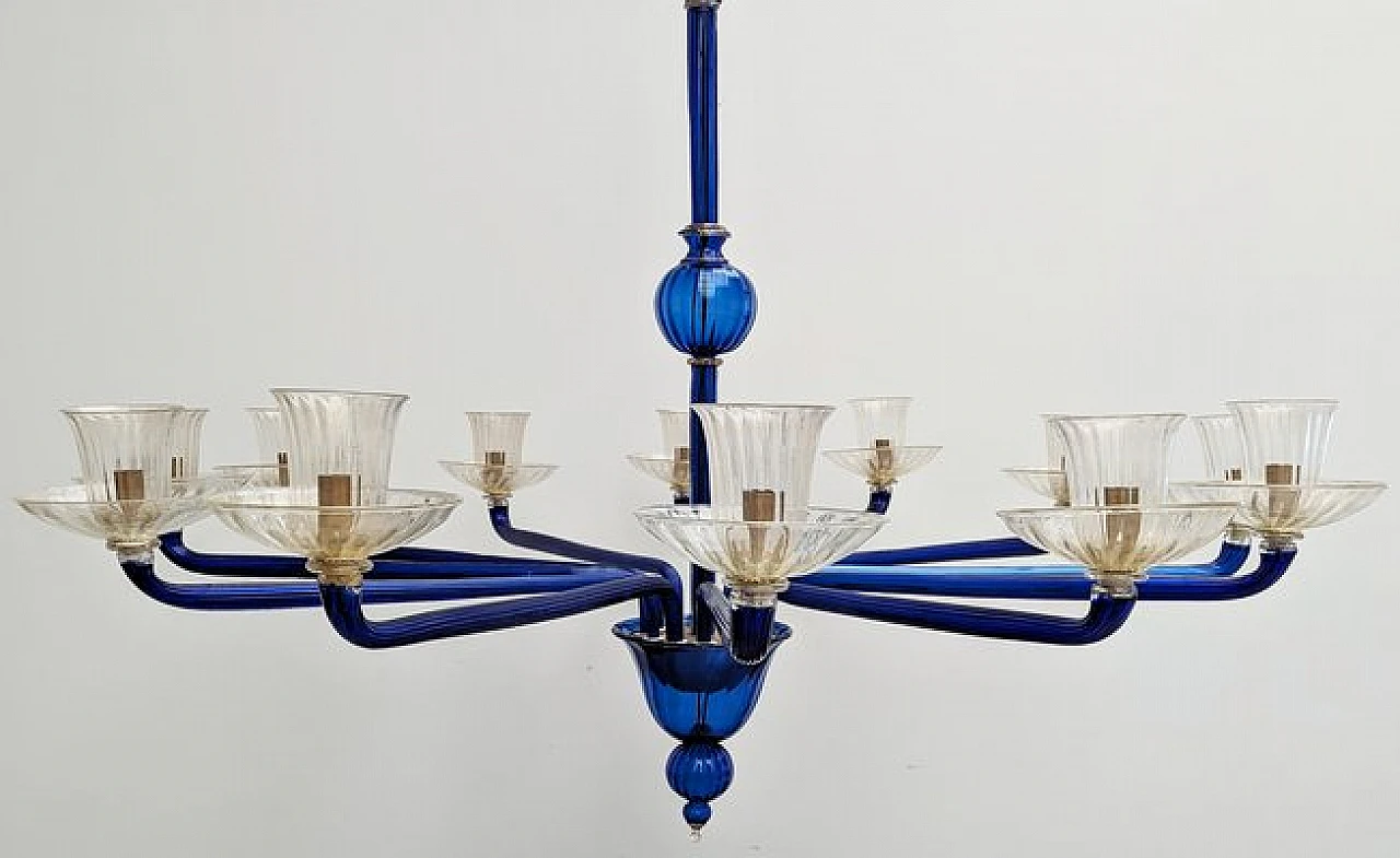 Lampadario a 12 luci in vetro di Murano blu di Venini, 1985 2