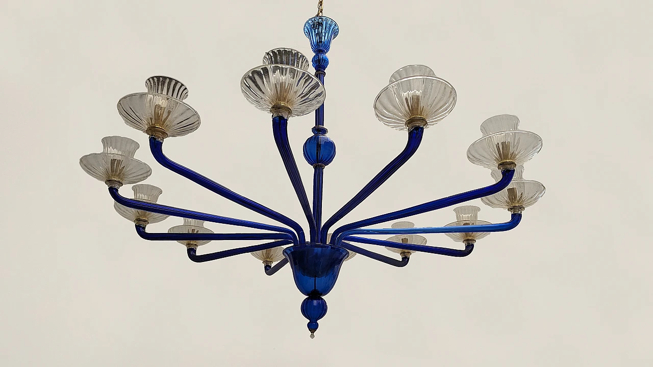 Lampadario a 12 luci in vetro di Murano blu di Venini, 1985 10