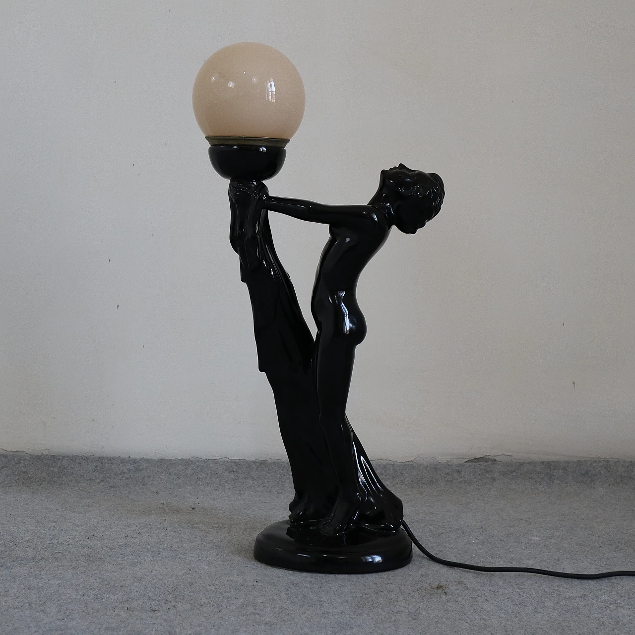 Black porcelain table lamp in Le Verrier's style, 1940s 1