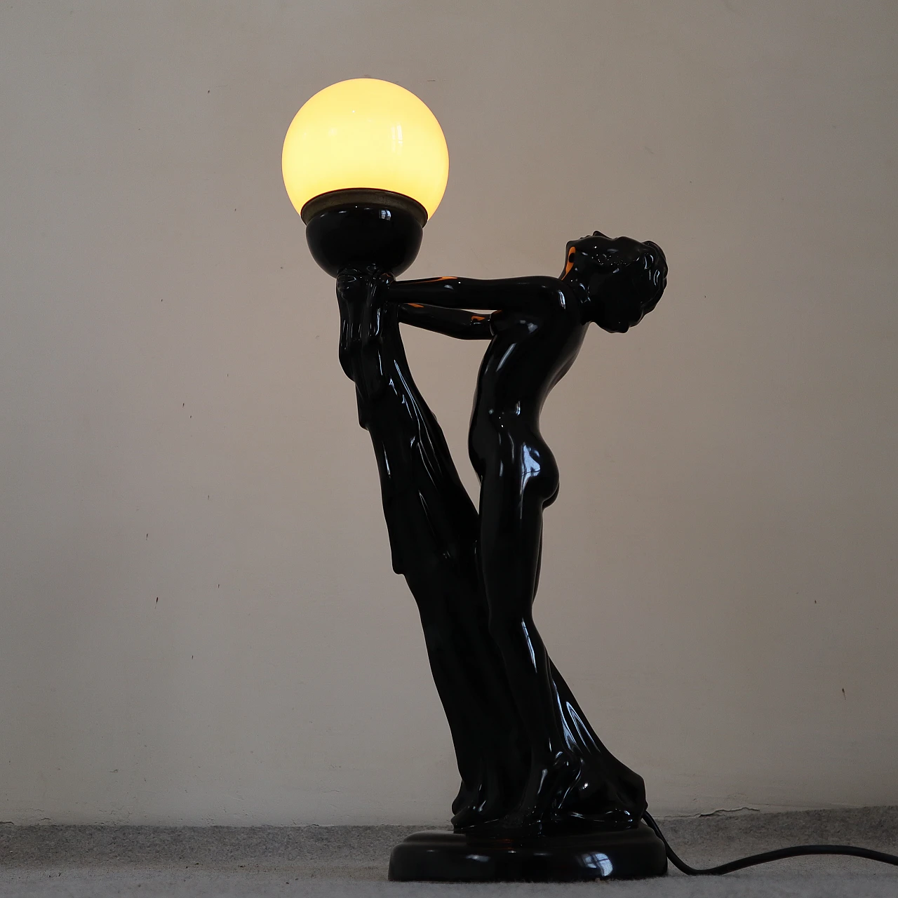 Black porcelain table lamp in Le Verrier's style, 1940s 2