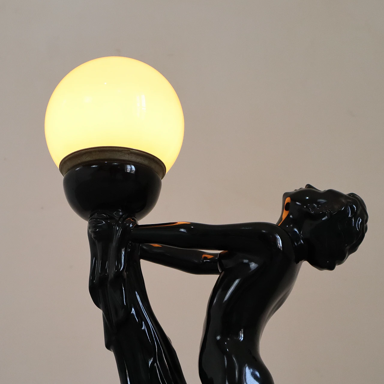 Black porcelain table lamp in Le Verrier's style, 1940s 3