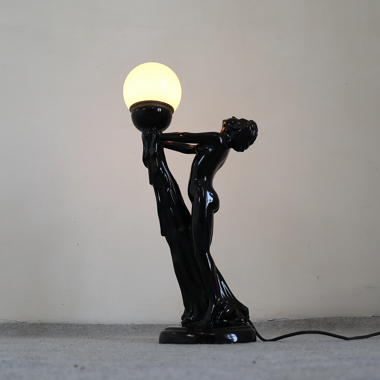 Black porcelain table lamp in Le Verrier's style, 1940s 4